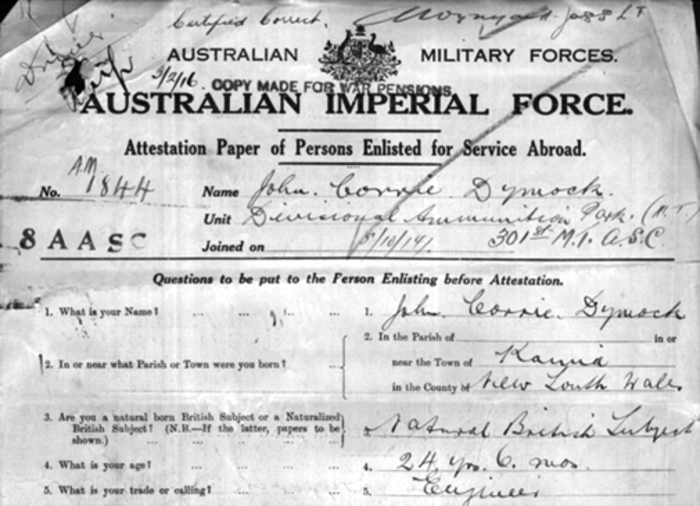 John Corrie Dymock Enlistment Record